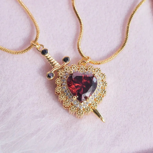 Gothic Punk One Arrow Through The Heart Creative Two Color Couple Necklace Red Rhinestone Heart Dagger Necklace Good Friend Gift