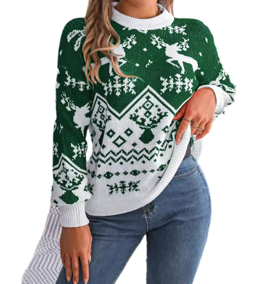 2025 New Year Autumn Winter Casual Deer Pattern Long Sleeve Hoodie Sweater Christmas For Women Red Green Knitted Pullover Jumper